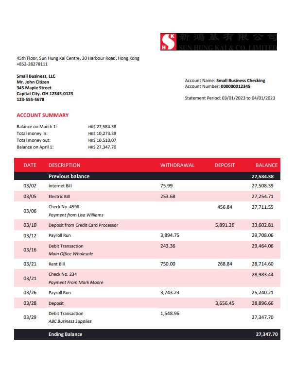Modèle Word et PDF de relevé de compte d'entreprise de la Sung Hung Kai Bank